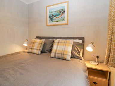 A bedroom with a bed with checkered pillows a bedside table with a lamp and a framed picture on the wall at Wansfell View in Limefitt Park near Troutbeck
