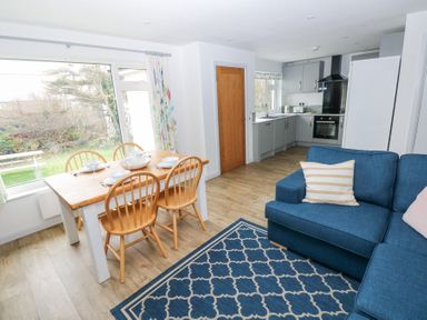 A dining area with a wooden table and four chairs beside a large window and an open kitchen with grey cabinets and appliances near a blue sofa with cushions and a patterned rug