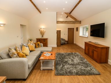 A living room with a gray sofa and cushions a wooden coffee table a gray rug a wooden cabinet and a wall mounted TV at Y Felin The Granary in Caernarfon