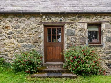 A stone exterior wall with a wooden door and a window surrounded by flowering bushes at Tryfan Cottage in Rhostryfan near Caernarfon