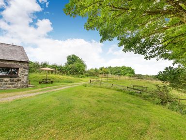 A grassy yard with a picnic table and umbrella next to a stone building and wooden fences under trees at Tryfan Cottage in Rhostryfan near Caernarfon