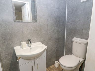 A bathroom with a sink cabinet mirror toilet and toilet paper at The Apartment at Plas Yr Eithin in Amlwch near Llanfechell