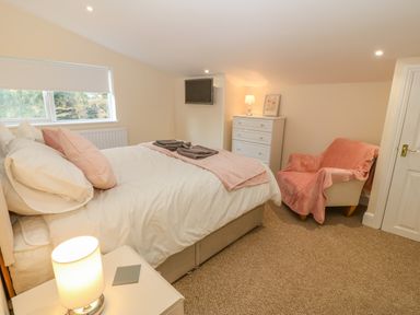 A bedroom with a bed, bedside table with lamp, armchair with pink cover, chest of drawers, and a wall-mounted TV at The Apartment at Plas Yr Eithin in Amlwch near Llanfechell