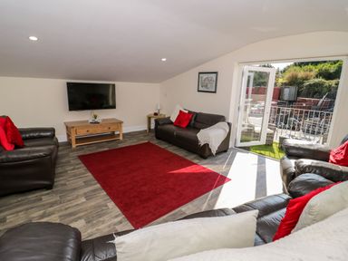 A living room with leather sofas a red rug a wooden TV stand and an open door leading outside at The Apartment at Plas Yr Eithin in Amlwch near Llanfechell