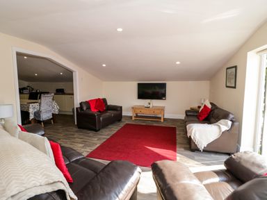 A living room with brown leather sofas a red rug and a wall-mounted TV at The Apartment at Plas Yr Eithin in Amlwch near Llanfechell