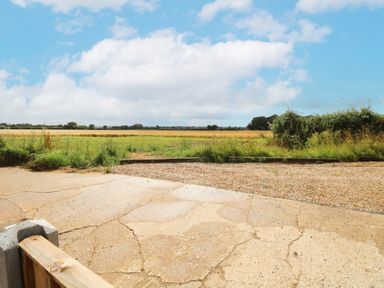 A view of a field with grass and bushes beyond a cracked concrete and gravel driveway at Little Barn in Tittleshall