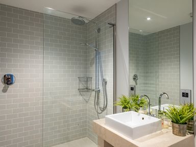 A bathroom with a walk-in shower and a sink with a mirror and plants at Seascape in Polzeath