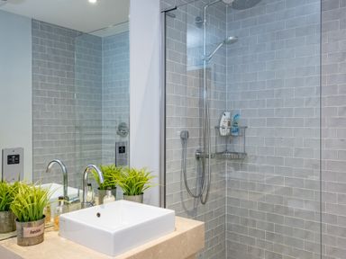 A bathroom with a square sink and faucet two potted plants on the counter and a walk-in shower with shelving and showerhead Seascape Polzeath
