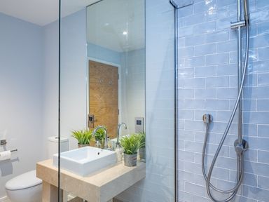 A bathroom with a toilet sink with faucet plants and mirror and a shower with tiled wall
