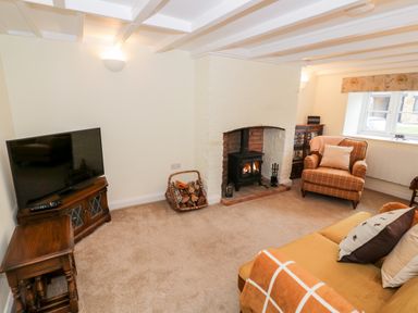 A living room with a wood burning stove armchairs a television and a basket of firewood at Bumble Cottage in Tysoe