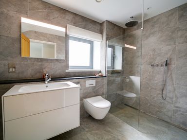 A bathroom with a sink vanity mirror window toilet and walk in shower at Megizzy in Polzeath