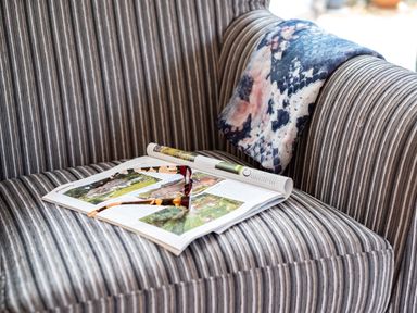 A striped armchair with an open magazine and a pair of glasses on the seat and a folded cloth on the armrest at Longhouse Bungalow in Rock