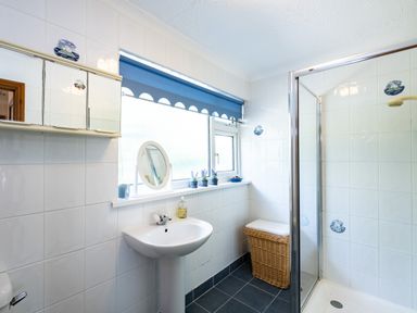 A bathroom with a pedestal sink mirror cabinet window with blue blind wicker laundry basket and a shower at Longhouse Bungalow in Rock