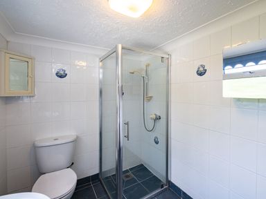 A bathroom with a toilet a shower with glass doors a wall cabinet and a window at Longhouse Bungalow in Rock