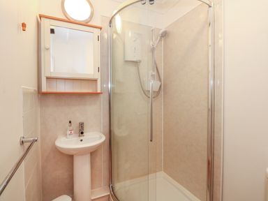 A bathroom with a corner shower enclosure a pedestal sink with liquid soap and a mirrored cabinet at 16 Norfolk Heights Docking
