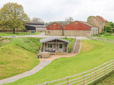 A small wooden cabin with a hot tub outside surrounded by green grass and fenced farmland at Foxes Den in Winston near Staindrop