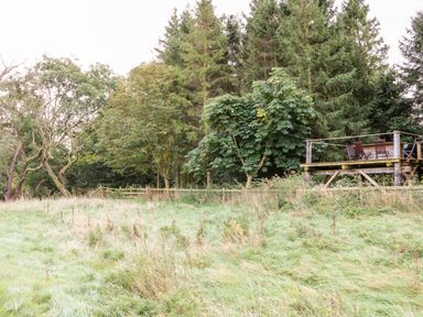 A grassy field with a wooden deck and chairs next to trees at Otters Holt in Winston near Staindrop