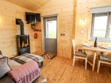 A wooden cabin interior with a sofa, wood-burning stove, wall-mounted television, door, dining table with two chairs and window at Otters Holt Winston near Staindrop
