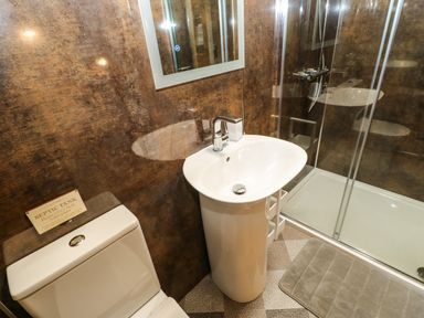 A bathroom with a toilet mirror sink and a shower cubicle with glass doors at Otters Holt in Winston near Staindrop