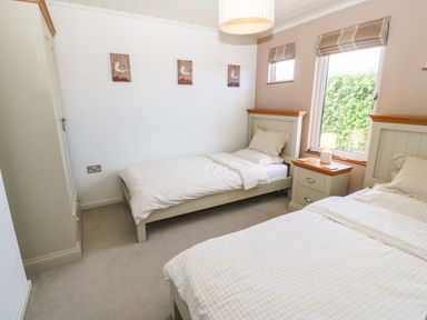 A bedroom with two single beds a nightstand with a lamp three bird paintings on the wall and a window showing greenery at Sunstone Lodge in Cilan near Abersoch