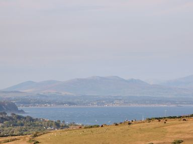 A coastal landscape with a bay sea hills and grazing animals at Sunstone Lodge Garreg Haul Lodge in Cilan near Abersoch