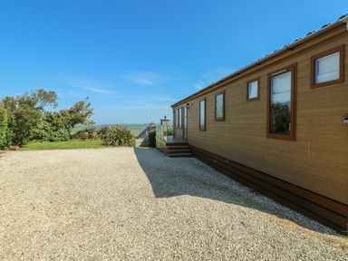 An outdoor area with a lodge and trees at Sunstone Lodge (Garreg Haul Lodge) Cilan near Abersoch