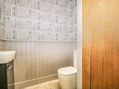 A small bathroom with a toilet sink and wallpaper of books on shelves at Tarn End Cottages 5 Talkin near Brampton Cumbria
