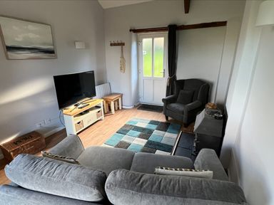 A living room with a grey sofa a grey armchair a TV on a stand a wood burning stove and a patterned rug at Beech Cottage in Combe Martin