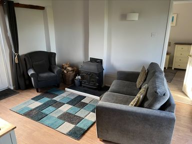 A living room with a gray sofa and armchair a wood stove and a multicolored rug at Beech Cottage in Combe Martin