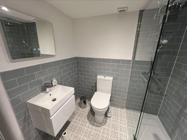 A bathroom with a sink, toilet, mirror, shower area, and patterned floor tiles at Beech Cottage in Combe Martin