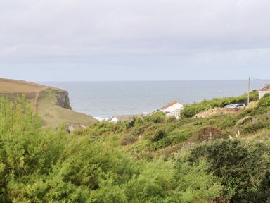 A coastal landscape with bushes in the foreground houses near the shore and the ocean in the background at Porth Farm Annexe in Mawgan Porth