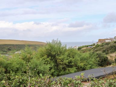 A coastal landscape with bushes in the foreground ocean in the background and houses on a hill at Porth Farm Annexe in Mawgan Porth