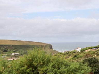 A coastal landscape with green vegetation a grassy cliff and the ocean at Porth Farm Annexe in Mawgan Porth