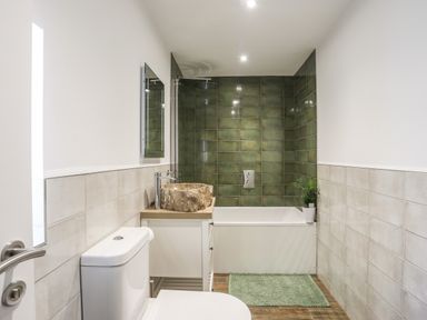 A bathroom with a toilet a bathtub with green tiled wall a stone sink and a small plant at Y Goedwig in Newborough