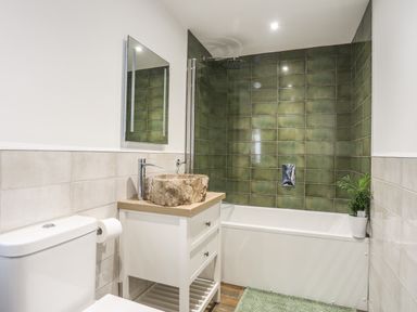 A bathroom with a white toilet a wooden sink cabinet with a stone basin a bathtub with green tiled walls and a small plant on the side at Y Goedwig in Newborough