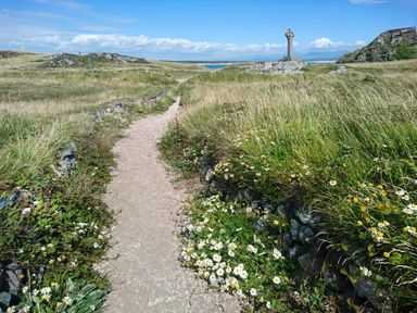 A dirt path with flowers and grass on both sides leading to a stone cross on a hill at Y Goedwig in Newborough