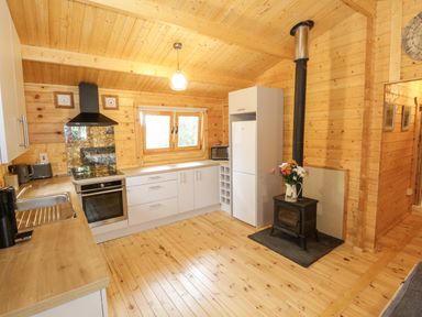 A kitchen with wooden walls and ceiling a stove and oven a refrigerator a wood burning stove and a bouquet of flowers at Port Heron Lodge Ballykeeran near Glasson County Westmeath