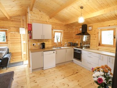 A kitchen with wooden walls ceiling and floor with white cabinets a stove an oven a dishwasher two windows and a flower vase at Port Heron Lodge Ballykeeran near Glasson County Westmeath