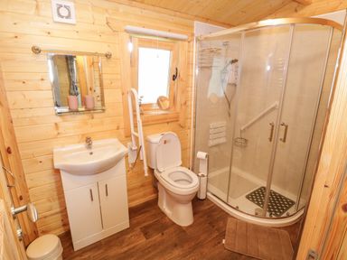 A bathroom with a sink cabinet mirror toilet shower enclosure and wooden walls at Port Heron Lodge Ballykeeran near Glasson County Westmeath