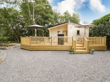 A wooden cabin with a wraparound deck featuring two umbrellas a grill and outdoor furniture surrounded by trees at Port Heron Lodge Ballykeeran near Glasson County Westmeath