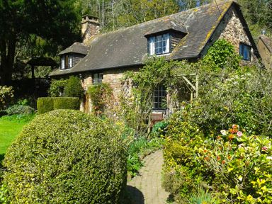 A stone cottage with a tiled roof surrounded by bushes flowers and a brick path at Saint Pancras Chapel in Washford near Williton