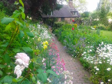A garden path bordered by various flowers leading to a small stone cottage surrounded by greenery at Saint Pancras Chapel in Washford near Williton