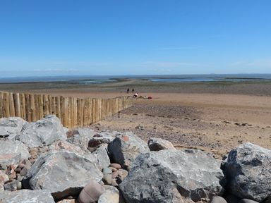 A rocky and sandy beach with wooden posts and a few people near the water at 1 Tregonwell Court in Minehead