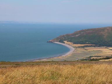 A coastal landscape with a bay, fields, and hills at 1 Tregonwell Court in Minehead