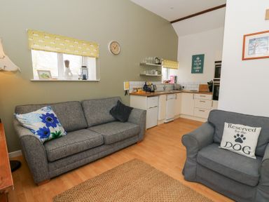 A living room with sofas and a small kitchen area with counters and appliances at Carreg Cennen Cottage in Llandeilo