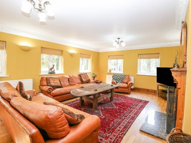 A living room with leather sofas a wooden coffee table a red rug and a television at The Firs in Wendling near Dereham