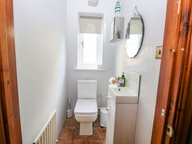 A small bathroom with a toilet sink mirror and window at The Firs in Wendling near Dereham