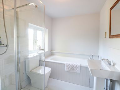 A bathroom with a bathtub a white towel a toilet a sink a mirror and a shower at The Firs in Wendling near Dereham