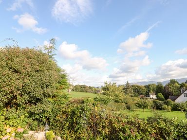 A garden with bushes trees and houses in the background at Tegfryn Bach in Llangoed near Beaumaris