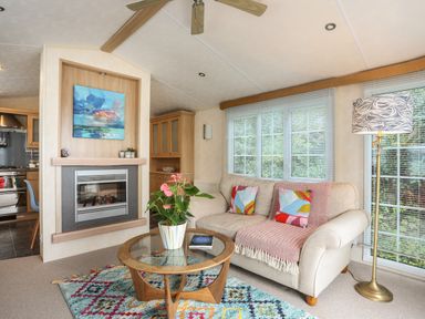 A living room with a beige sofa colorful cushions a patterned rug a glass coffee table with a plant and a fireplace at Tegfryn Bach in Llangoed near Beaumaris
